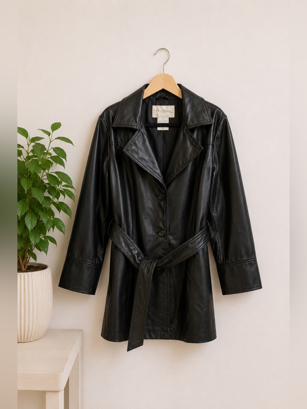 Vintage Penman's Black Faux Leather Trench Coat Belted Vegan Moto Jacket 1X